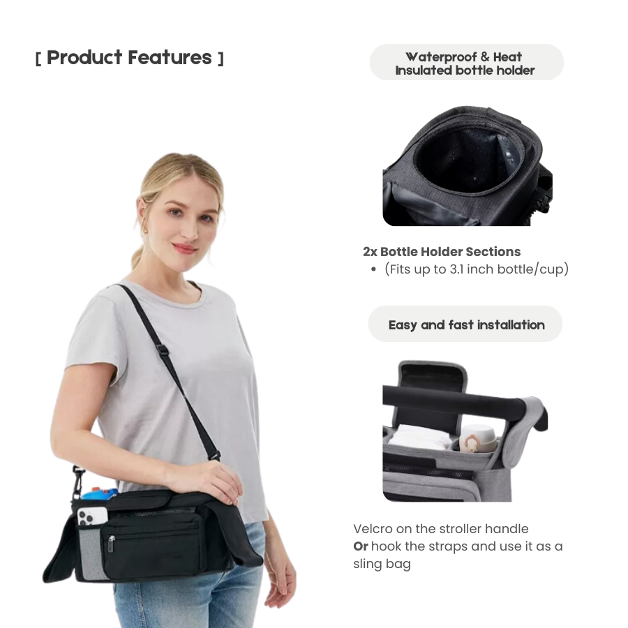 Baby Stroller Organizer Bag - Insulated Bottle / Cup Sections & Strap Hooks